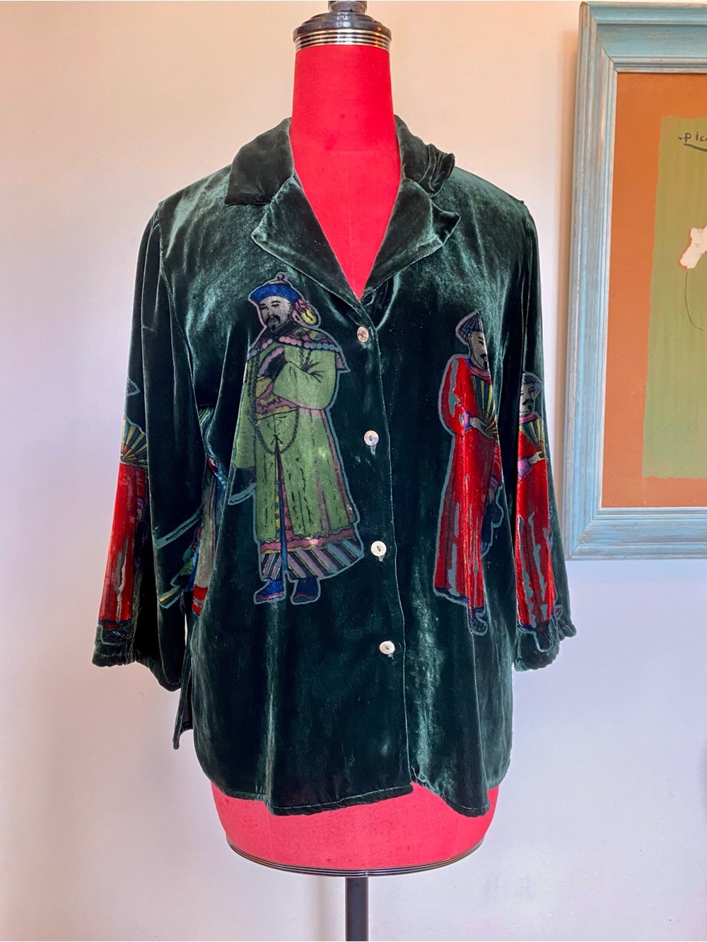 Velvet & Silk Button-Front Dark Green Vintage Top